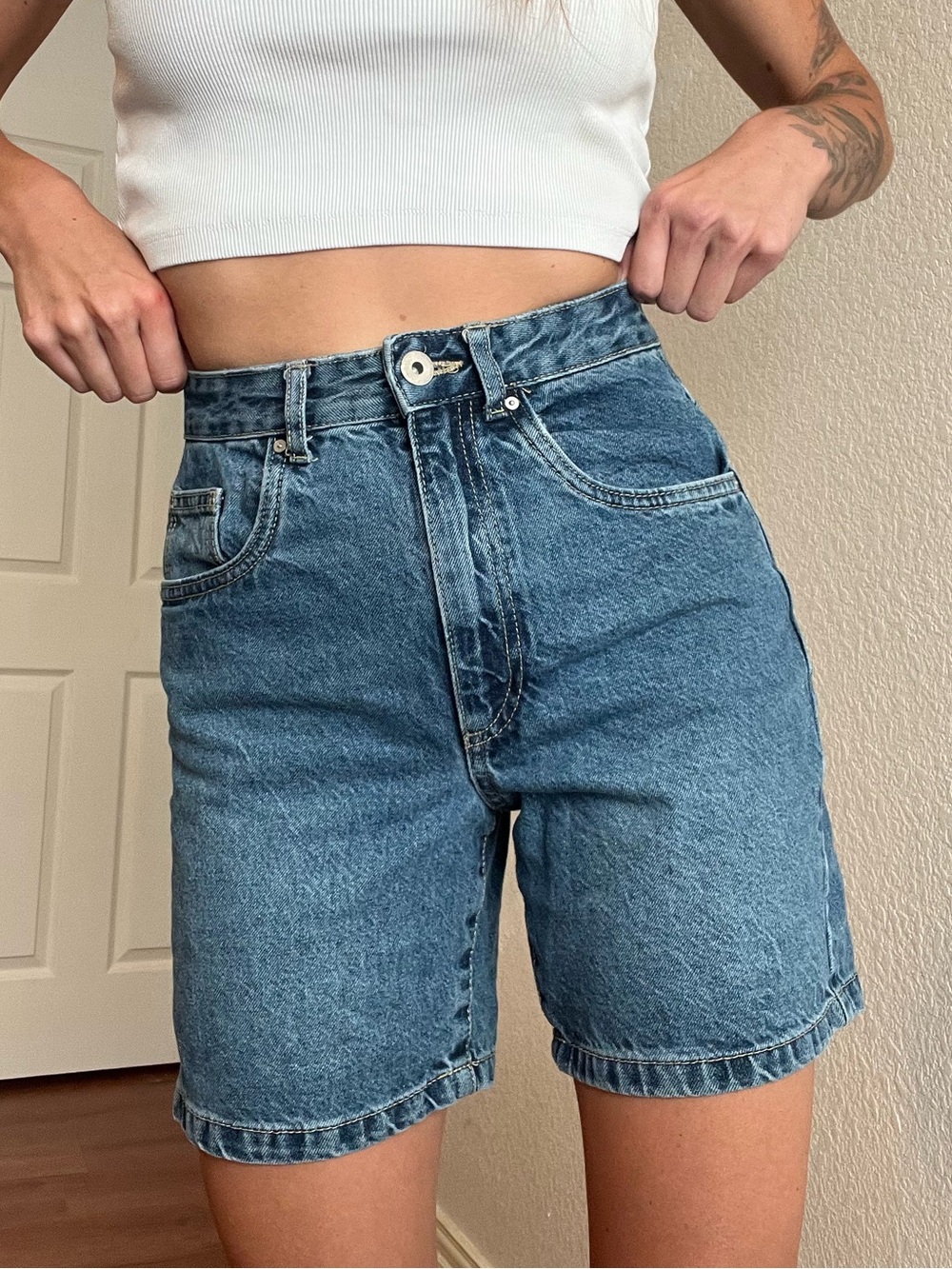 Cotton On High-Rise Blue Denim Bermuda Shorts